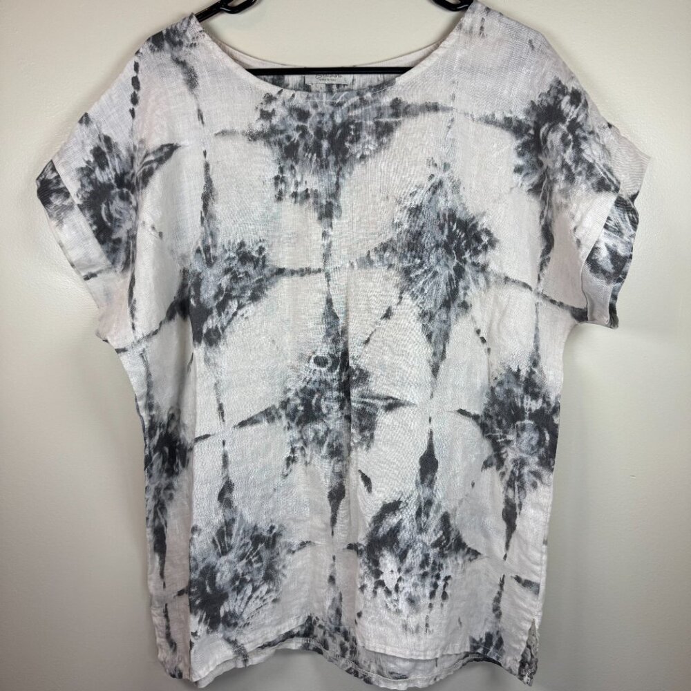 Bellambia Top Women Size L 100% Linen Gray and White Short Sleeve Made In Italy